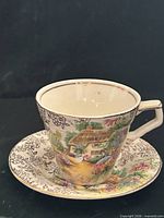 Teacup front view showing cottage scene and handle