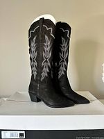 Side view of both boots displaying embroidery, heel and shaft height