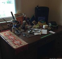 Entire lot on desk showing office supplies, lamp, shredder, answering machine and rug