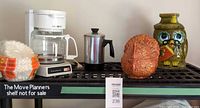 Full lot: coffeemaker, percolator, turkey dish, owl jar, coffee filters