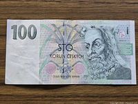 Obverse of Czech 100 Kč banknote showing portrait and design
