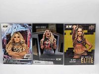 Front view of all three 2023 Upper Deck AEW women’s wrestling cards in sleeves