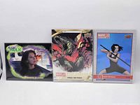 Front view of the three sleeved cards: She-Hulk, Pogg Ur-Pogg, Nico Minoru