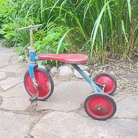 left side view of entire tricycle showing paint colors and overall condition