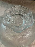 Top view showing floral embossing and ribbed body of glass bowl