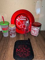 All six holiday themed kitchen items arranged together