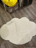 Top view of cloud-shaped white shag rug on wood floor