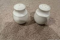pair of white ceramic salt and pepper shakers on carpet