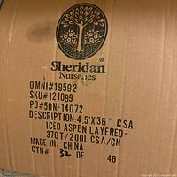 Box label showing Sheridan Nurseries branding and product description 4.5' × 36" Iced Aspen Layered tree