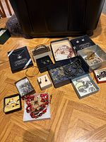 Overview of entire assortment laid out in boxes on table
