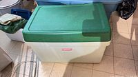 Full view of cooler showing green lid, beige body, logo