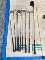 Full view of eight clubs laid out, driver on right, seven irons on left