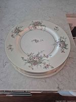 Stack of six Apple Blossom dinner plates showing floral border and gold rim