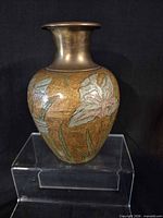 Full view of brass/bronze vase with enamel floral motifs