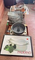Boxed Paderno multi-roaster, tube pan, muffin pan, baking sheets, cooling racks
