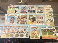 Top view of all Topps baseball cards laid out in rows showing fronts and team names