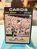 Front view of 1970 Topps Bob Gibson card on stand