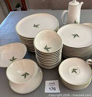 Stacks of dinner plates, bowls and side plates showing pattern and quantity