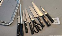 Full view of stainless tray, sharpening steel, carving fork, three knives, shears and steak knife