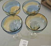 Top view of four matching Mexican blown-glass margarita glasses