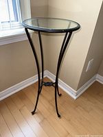 Full view of plant stand showing glass top and metal frame