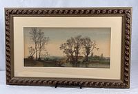 Full view of framed landscape artwork with mat and ornate frame