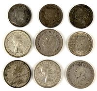 Obverse sides of nine small foreign silver coins, arranged in three-by-three grid