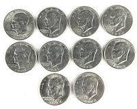 Obverse of ten Eisenhower dollar coins showing dates 1971-1974