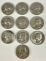 Obverse of ten Washington silver quarters showing 1963-1964 dates