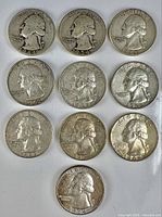 Obverse view of ten Washington quarters showing dates 1944-1964