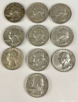 Obverse of ten Washington quarters showing dates 1963-1964