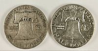 Reverse view of both Franklin half dollars displaying Liberty Bell design