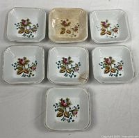 All seven square Moss Rose dishes front view