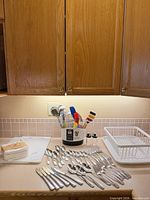 Countertop view showing flatware, utensil caddy, shakers, dish rack, cutting boards