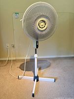 Full view of Windmere pedestal fan showing head, stand and base