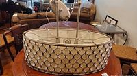 Full view of drum pendant with shade, rods, canopy
