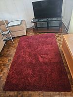 Full view of burgundy shag rug on parquet floor