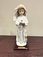 Front view of porcelain girl figurine showing details, nameplate