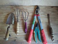 All six garden and hand tools laid out