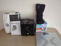 Overview of all five items arranged on surface