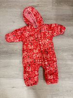 Front view of red printed Columbia infant snowsuit bunting