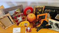 Group of picture frames, pumpkin, belts, small figurine