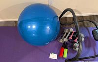 Overall lot showing yoga mat, stability ball, dumbbells, ab roller