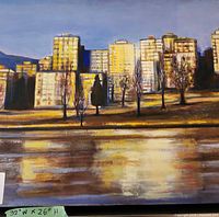 Full view of painting showing modern high-rise buildings with water reflection