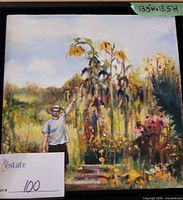 Square painting of man in garden with sunflowers, frame visible, size note 13.5 x 13.5