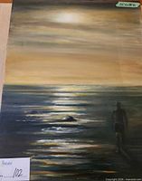 Vertical seascape painting with standing figure