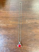 Full view of necklace showing 24-inch chain and red cabochon pendant