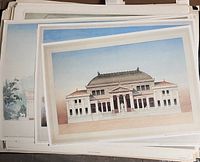 Stack of several posters showing main example of domed pavilion building