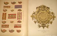 Open folio showing coloured ornamental plate and ornate title page