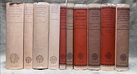 Spine view of all ten volumes showing titles and cloth condition